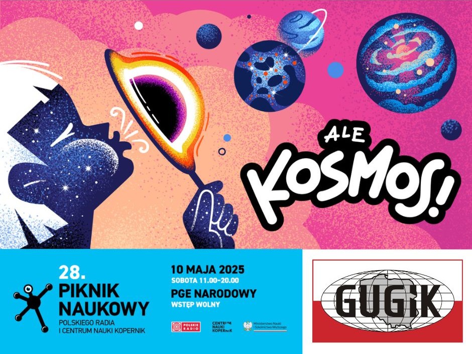 rysunek zapowiadający 28 Piknik Naukowy, data, miejsce wydarzenia, logo GUGiK