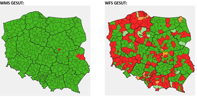 mapy prezentujące stan zgłoszonych usług WMS i WFS GESUT