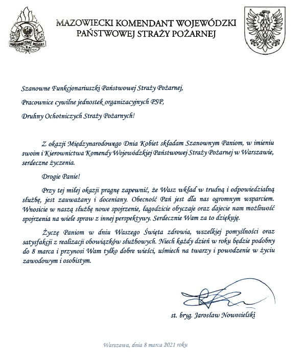 Życzenia Mazowieckiego Komendanta Wojewódzkiego PSP z okazji Dnia Kobiet.
