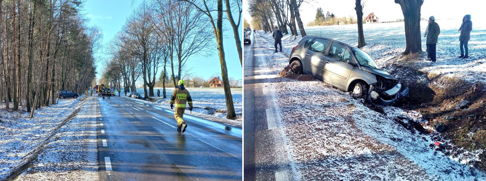 Kierujący pojazdem, przy pomocy innych kierowców, opuścił go o własnych siłach i nie odniósł żadnych obrażeń. Działania zastępów polegały na postawieniu pojazdu na koła i pomocy w wyjechaniu z rowu na jezdnię.