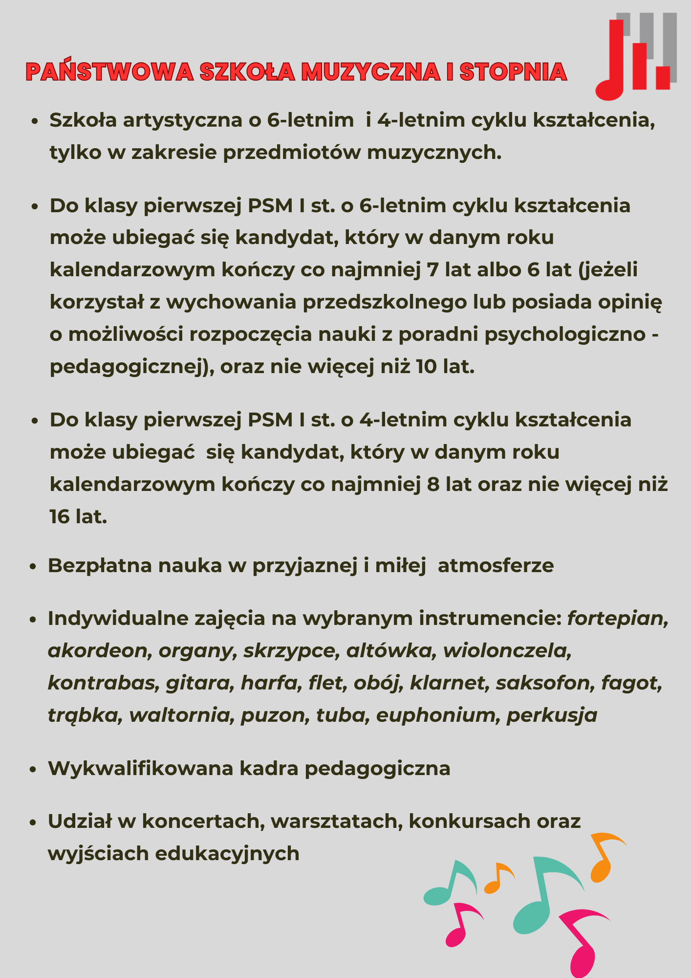 Szare tło, po prawej logo szkoły, tekst dotyczący informacji rekrutacyjnych do kl. I PSM I st.