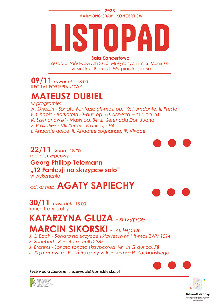 czerwony napis na białym tle koncerty Listopad 2023 w ZPSM w Bielsku-Białej