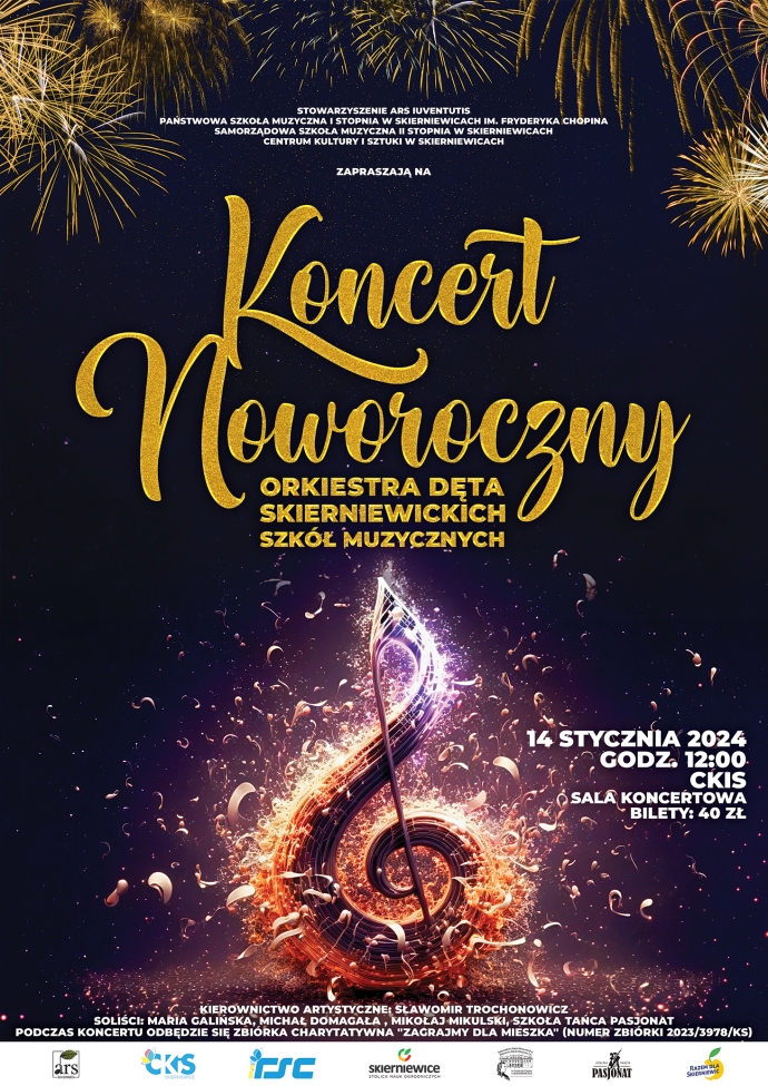Plakat na czarnym tle przedstawiający napis złotymi literami Koncert karnawałowy, orkiestra dęta skierniewickich szkół muzycznych