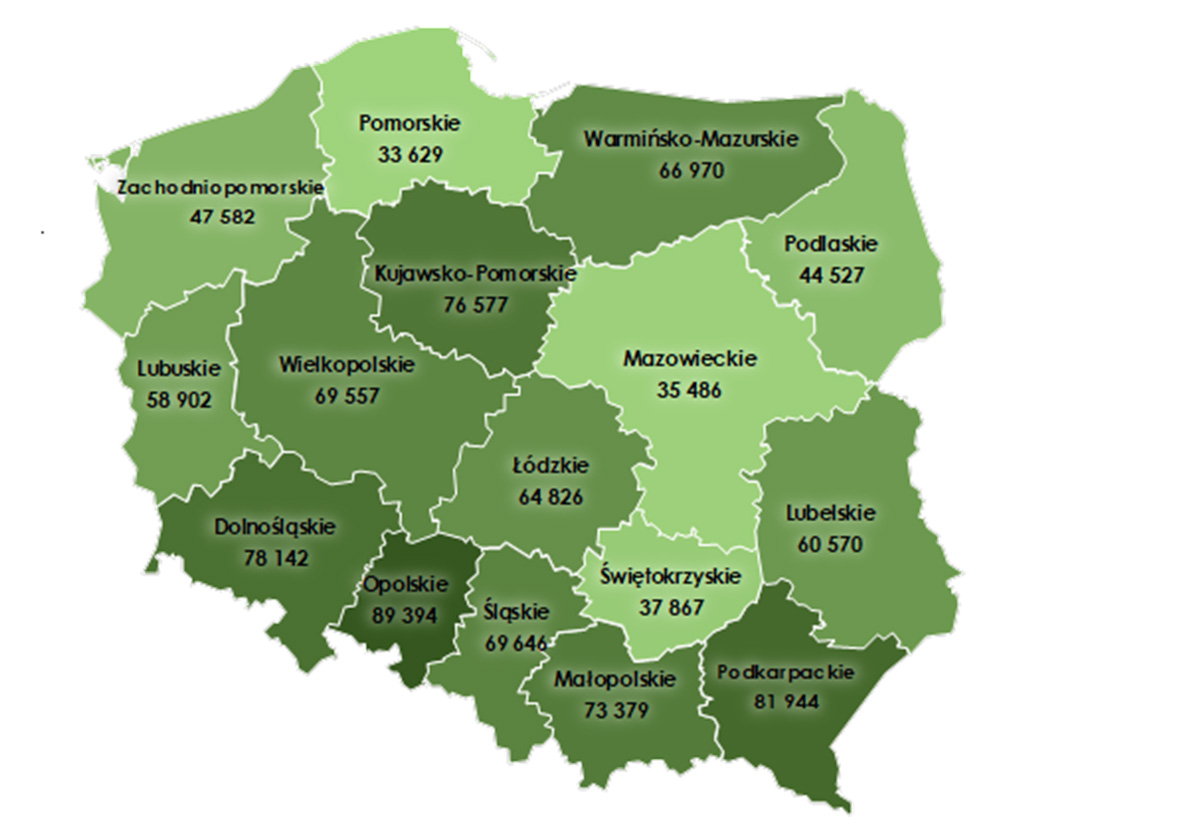 Rys. 4. Średnie ceny sprzedaży gruntów rolnych z Zasobu WRSP w I półroczu 2025 r. wg województw (w zł/ha) – średnia ogólnopolska – 61 165 zł/ha