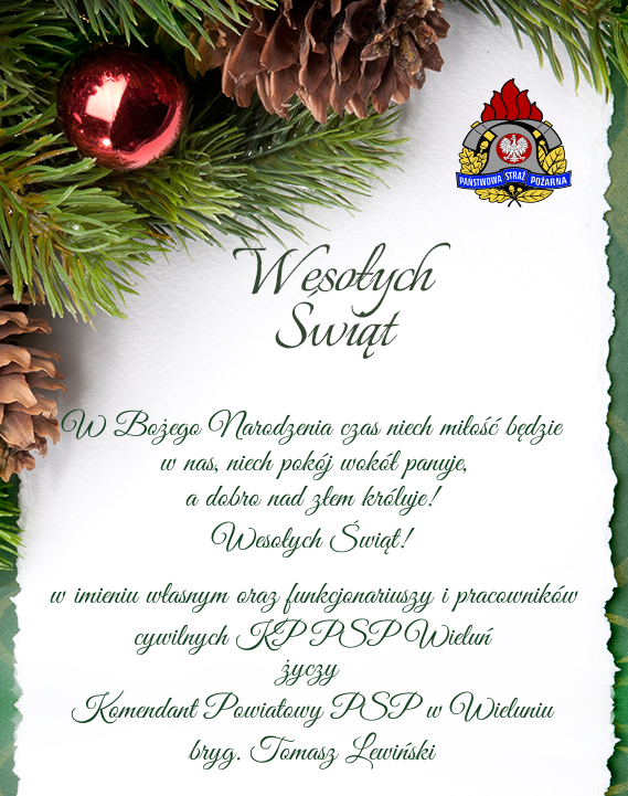 Życzenia świąteczne Komendanta Powiatowego PSP w Wieluniu