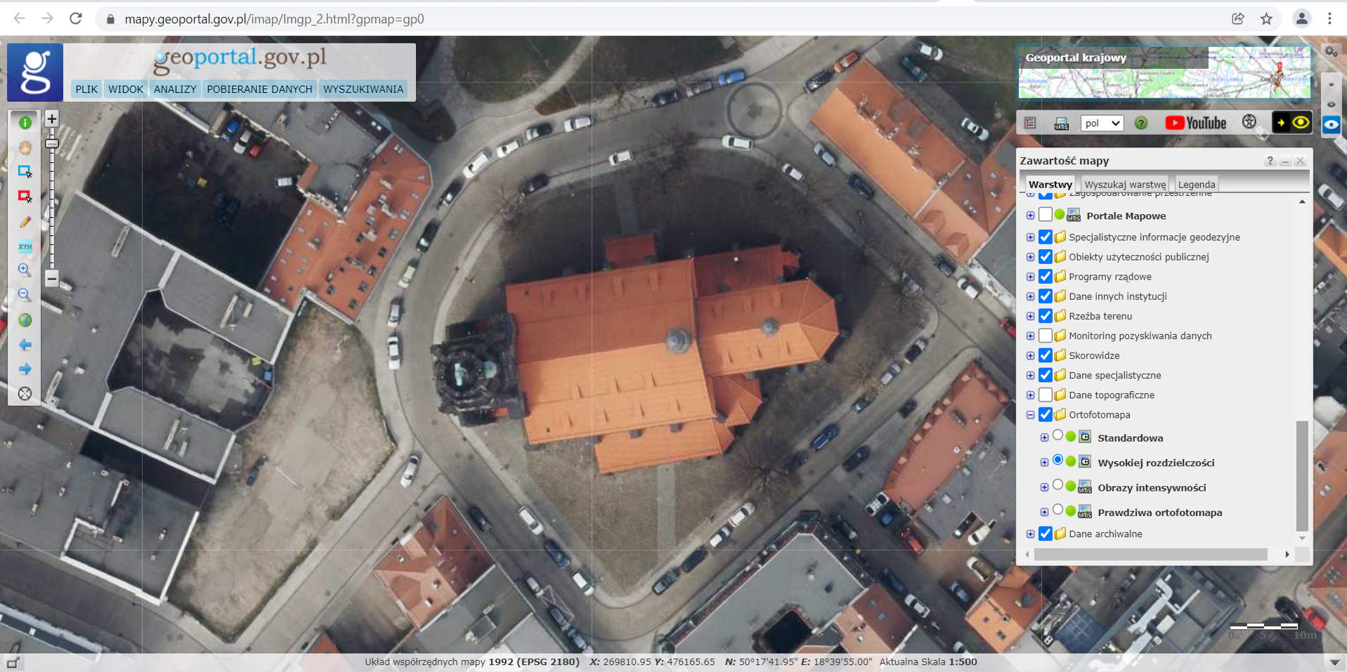 Ilustracja przedstawia zrzut ekranu z serwisu www.geoportal.gov.pl przedstawiający miasto Gliwice w usłudze Ortofotomapa Wysokiej Rozdzielczości