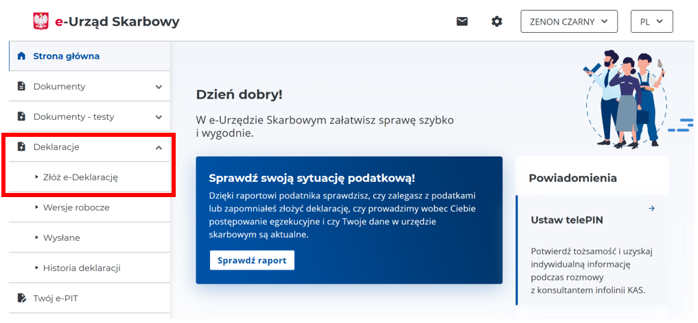 Zrzut ekranu strony głównej e-Urzędu Skarbowego z menu po lewej stronie. Pozycja „Deklaracje” jest rozwinięta, a opcja „Złóż e Deklarację” została wyróżniona czerwoną ramką.