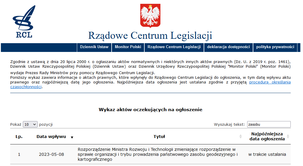 Zrzut ekranu ze strony Rządowego Centrum Legislacji