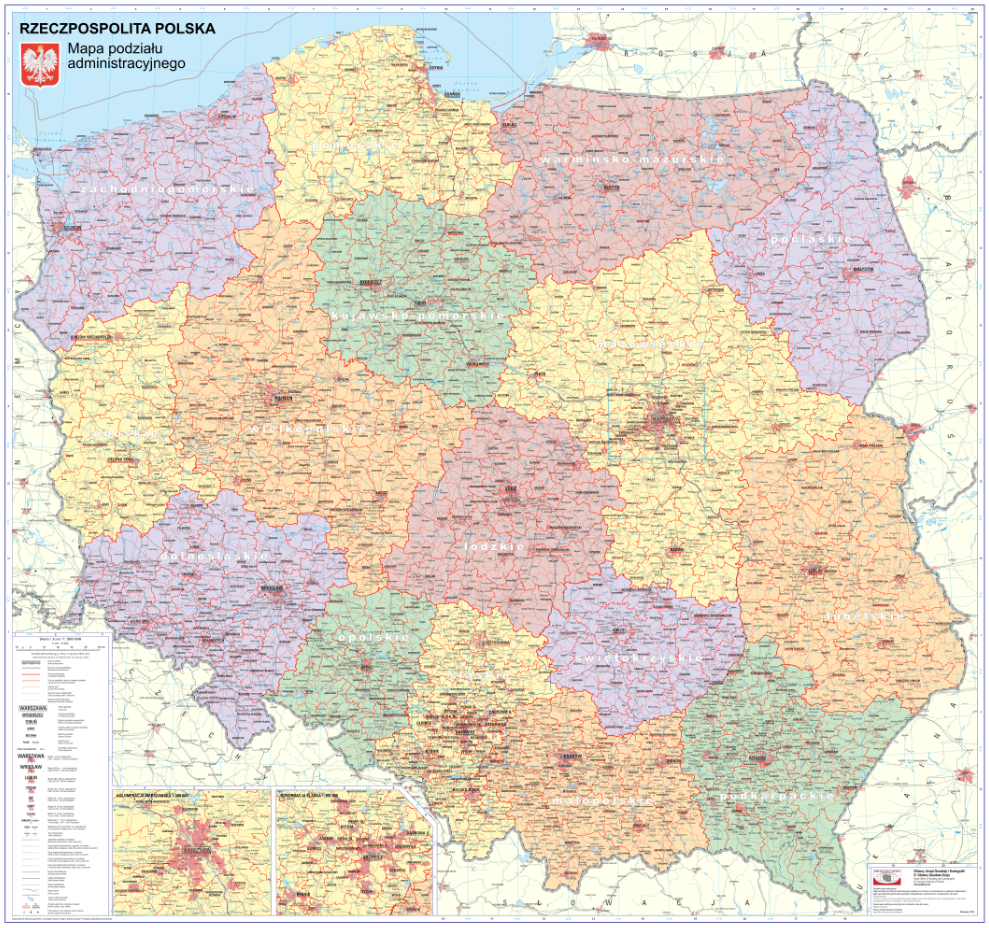 Rysunek przedstawia opracowaną przez GUGIK mapę administracyjną.