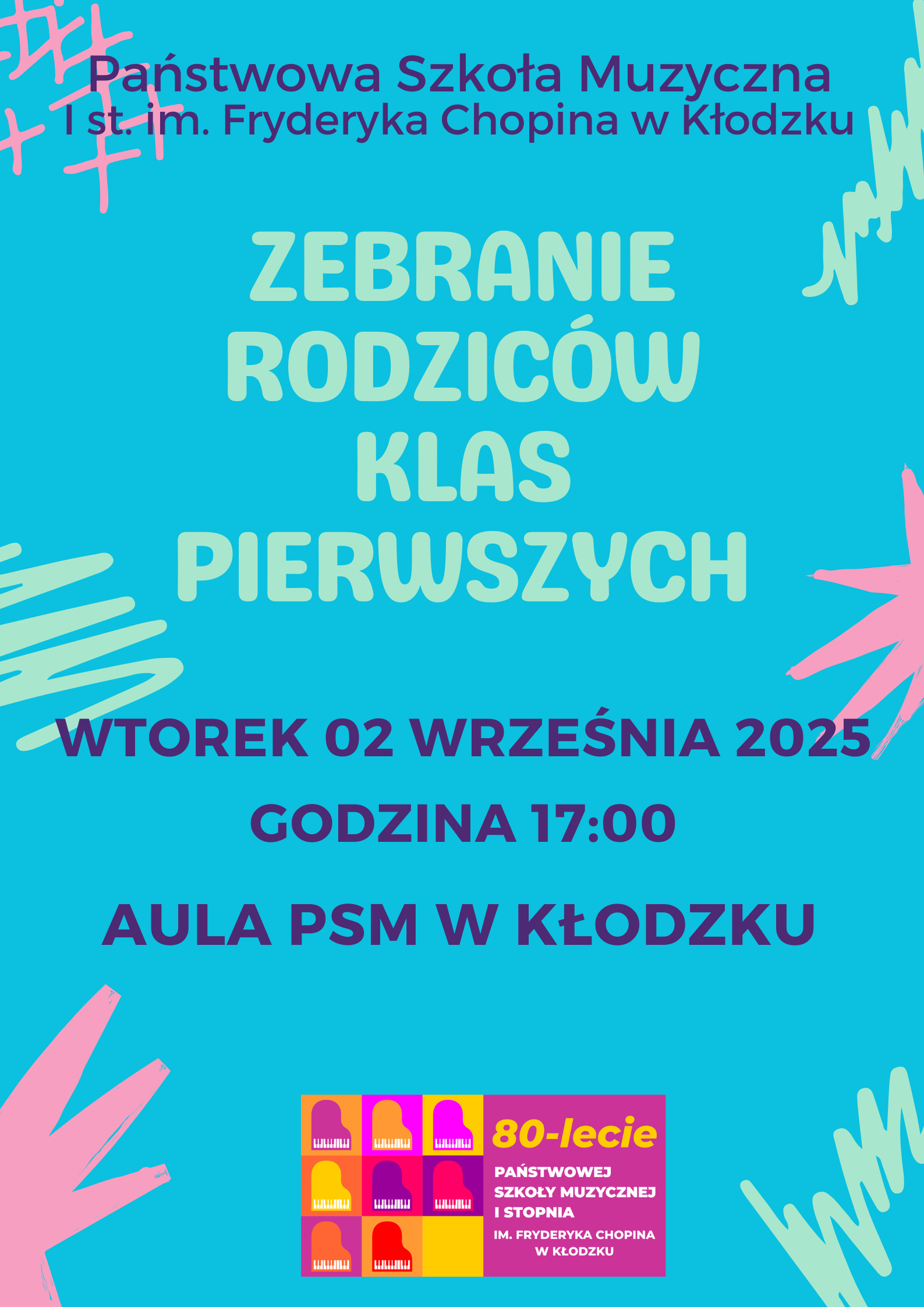Informacja na niebieskim tle dotycząca zebrania klas rodziców klas pierwszych, które odbędzie się 02.09.2025 w auli PSM w Kłodzku