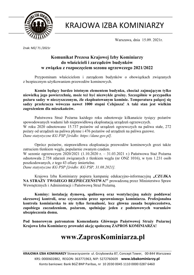 Komunikat Prezesa Krajowej Izby Kominiarzy 2021