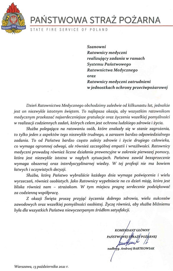 Życzenia Komendanta Głównego PSP z okazji Dnia Ratownictwa Medycznego