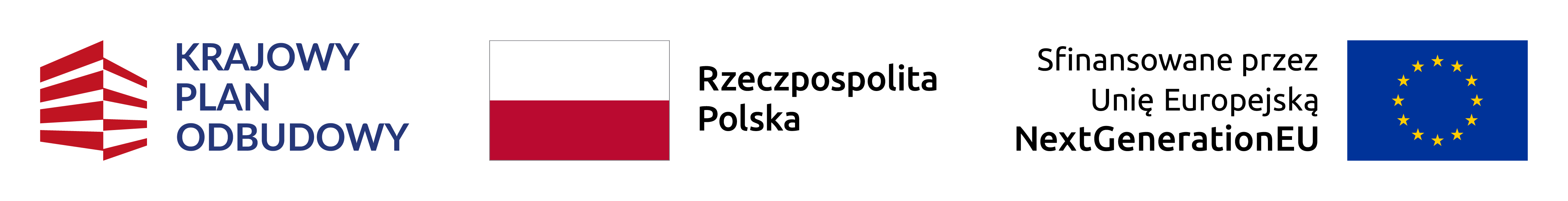 Logotyp Krajowego Planu Odbudowy, flaga Polski, flaga Unii Europejskiej z tekstem Sfinansowane przez Unię Europejską NextGenerationEU
