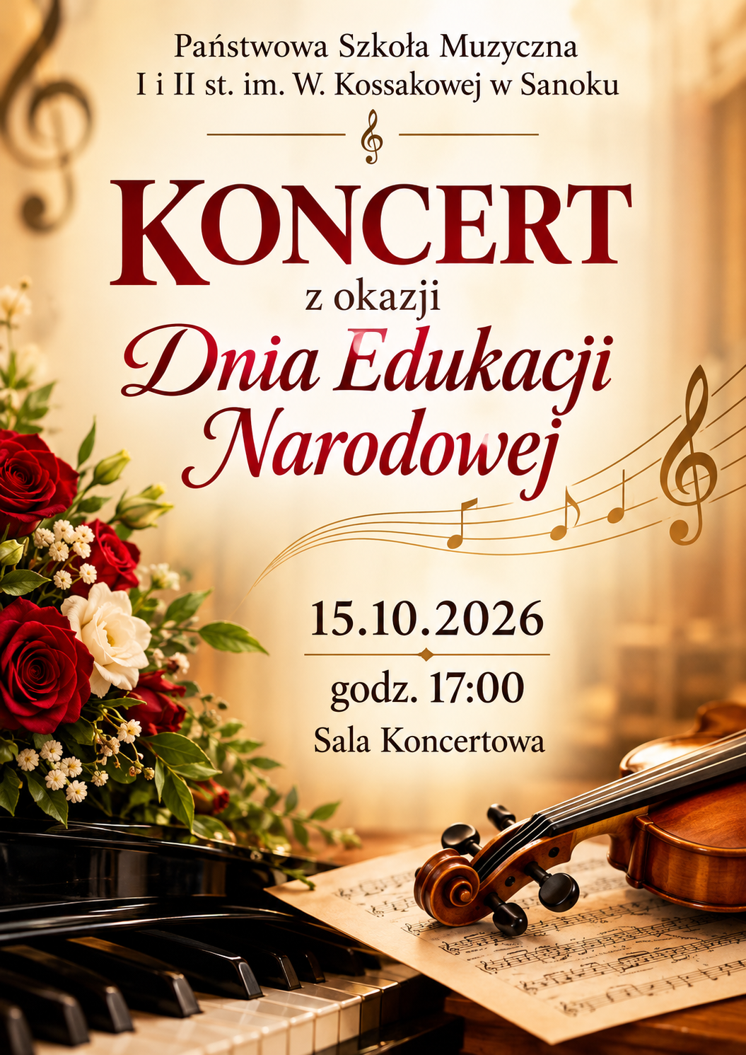 Plakat z okazji Dnia Edukacji Narodowej 15.10.2026. Fortepian, skrzypce, kwiaty i nuty w brązowych kolorach