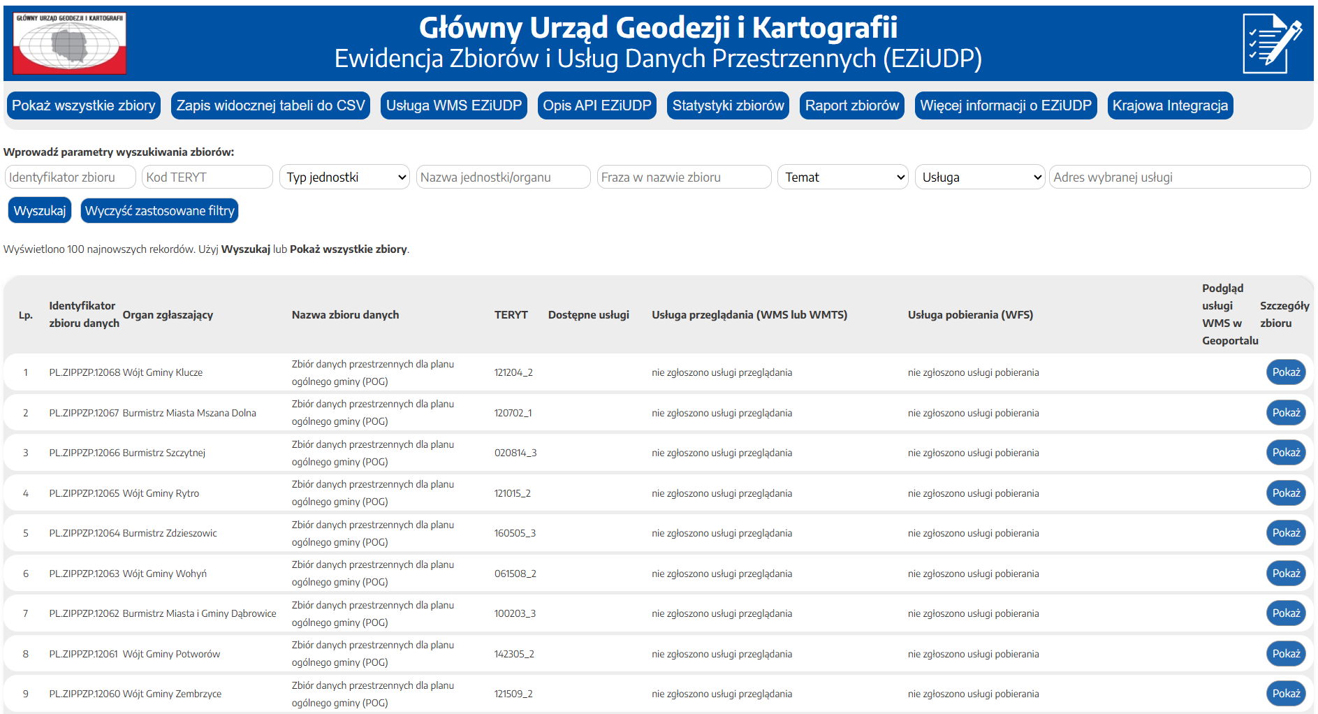 Zrzut ekranu przedstawiający odświeżoną stronę ewidencji zbiorów i usług danych przestrzennych