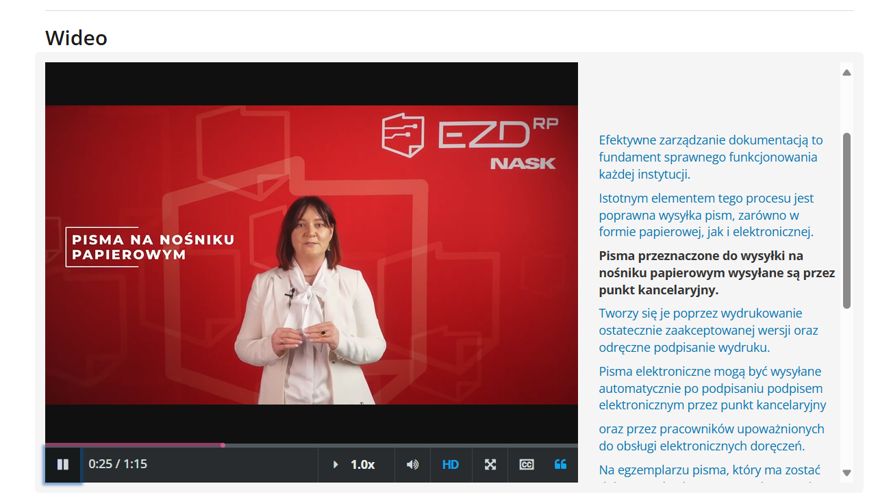 Kadr z filmu zamieszczonego w kursie „Czynności kancelaryjne cz. II – skład chronologiczny, dekretacja i sprawa”, w którym omawiana jest procedura wysyłki pism papierowych i elektronicznych.