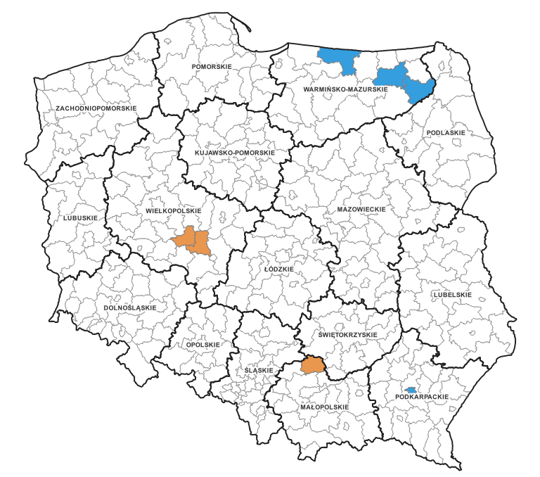 Ilustracja przedstawia obszary powiatów, dla których dostępne są nowe dane bazy BDOT10k.
