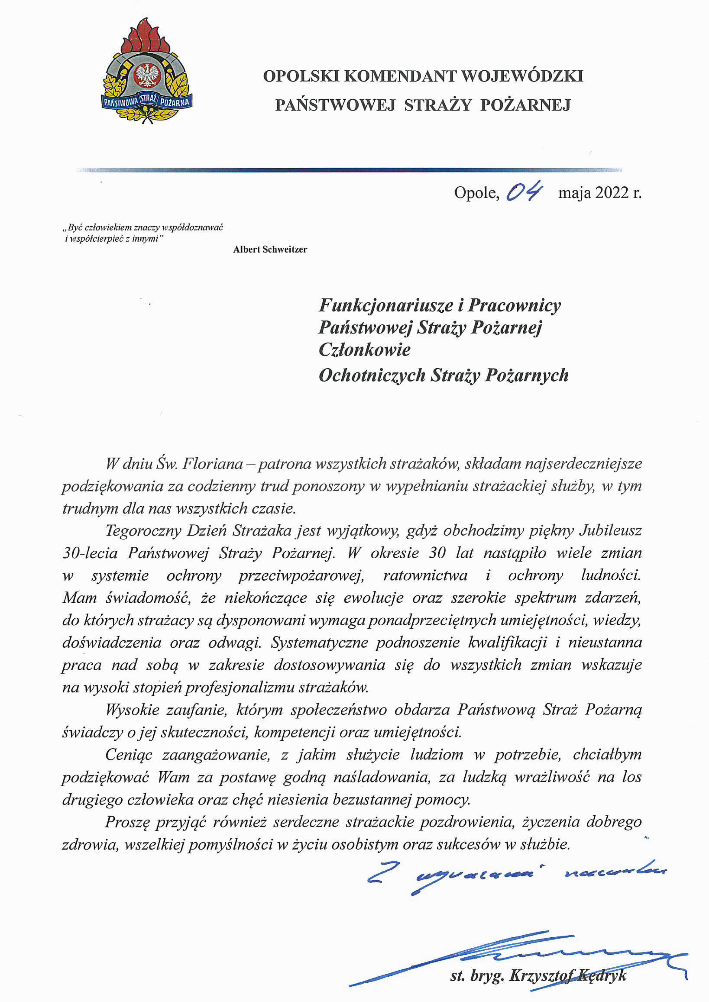 Życzenia Opolskiego Komendanta Wojewódzkiego PSP w Opolu