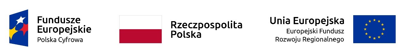 Logotypy związane z finansowaniem projektu – Fundusze Europejskie Program Operacyjny Polska Cyfrowa, Rzeczpospolita Polska, Europejski Fundusz Społeczny