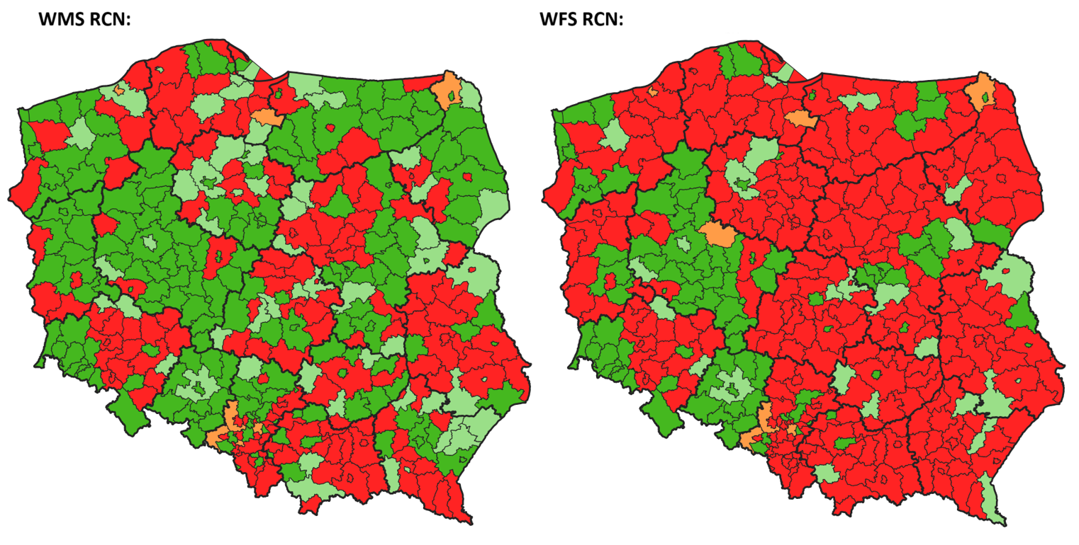mapy prezentujące stan zgłoszonych usług WMS i WFS RCN