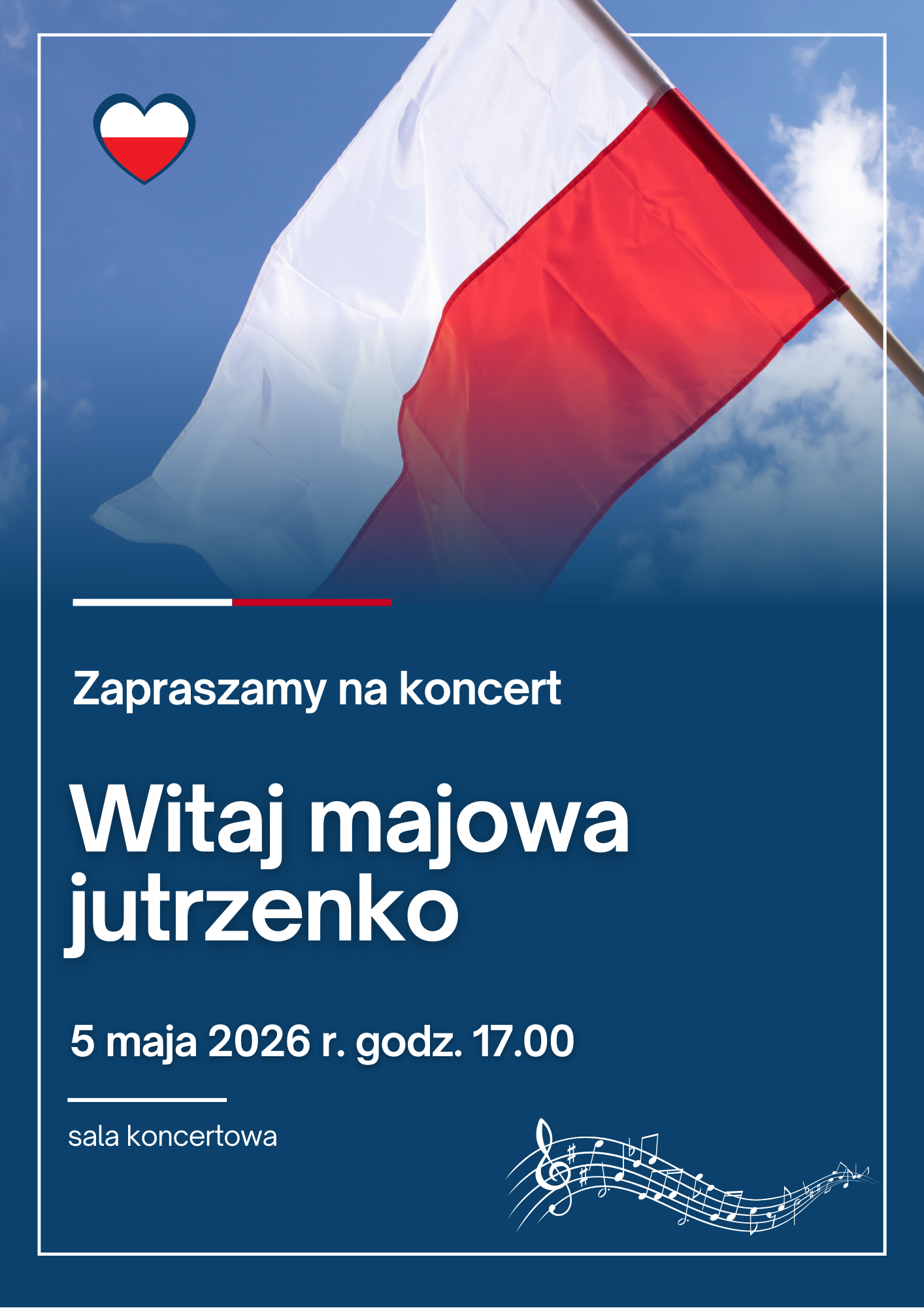 Plakat ze szczegółami koncertu na granatowym tle i zdjęciem flagi Polski