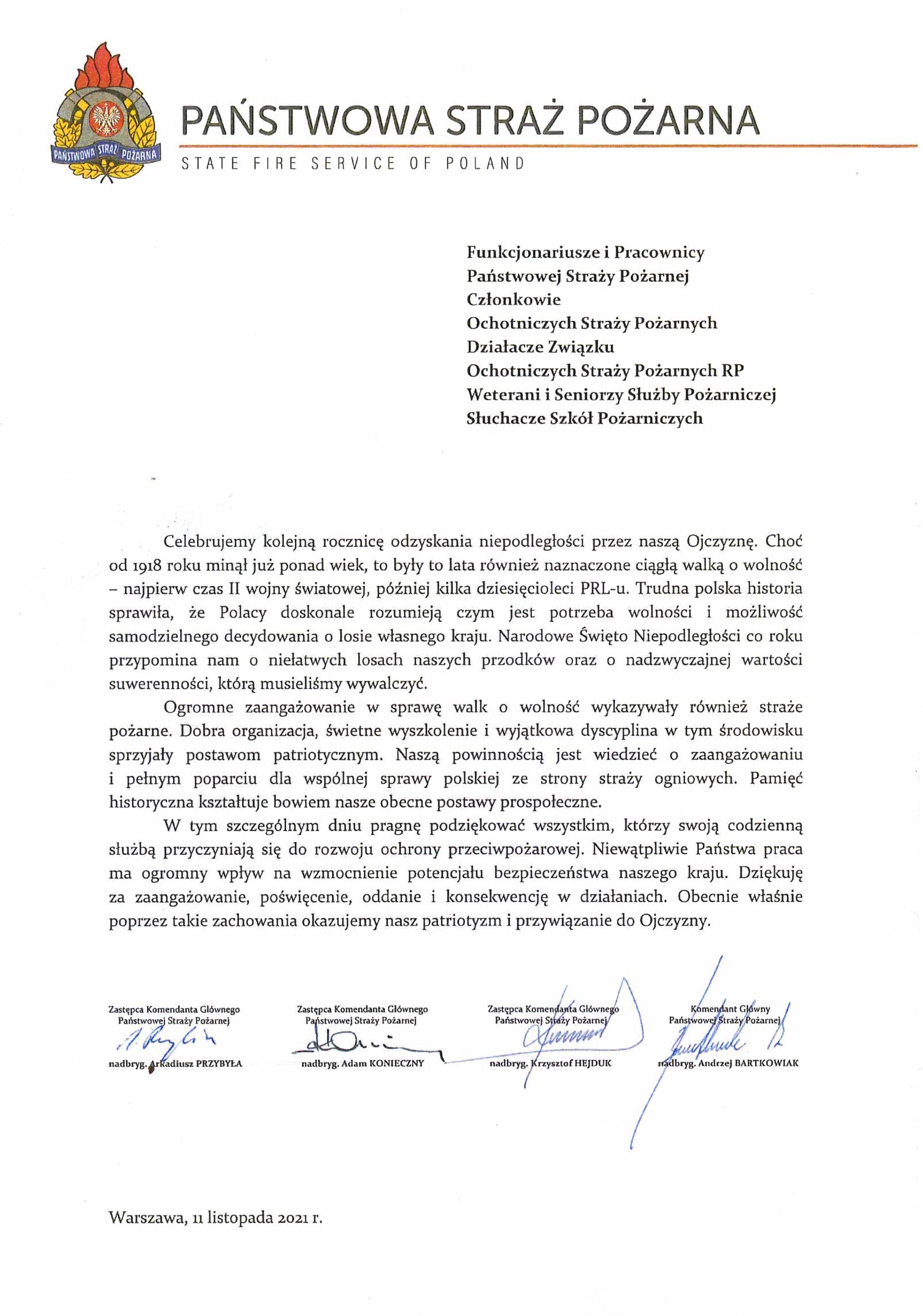 List Kierownictwa KG PSP