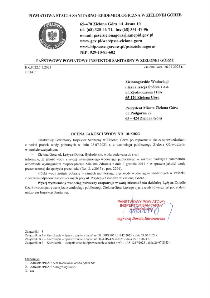 Ocena jakości wody Zielona Góra - Łężyca