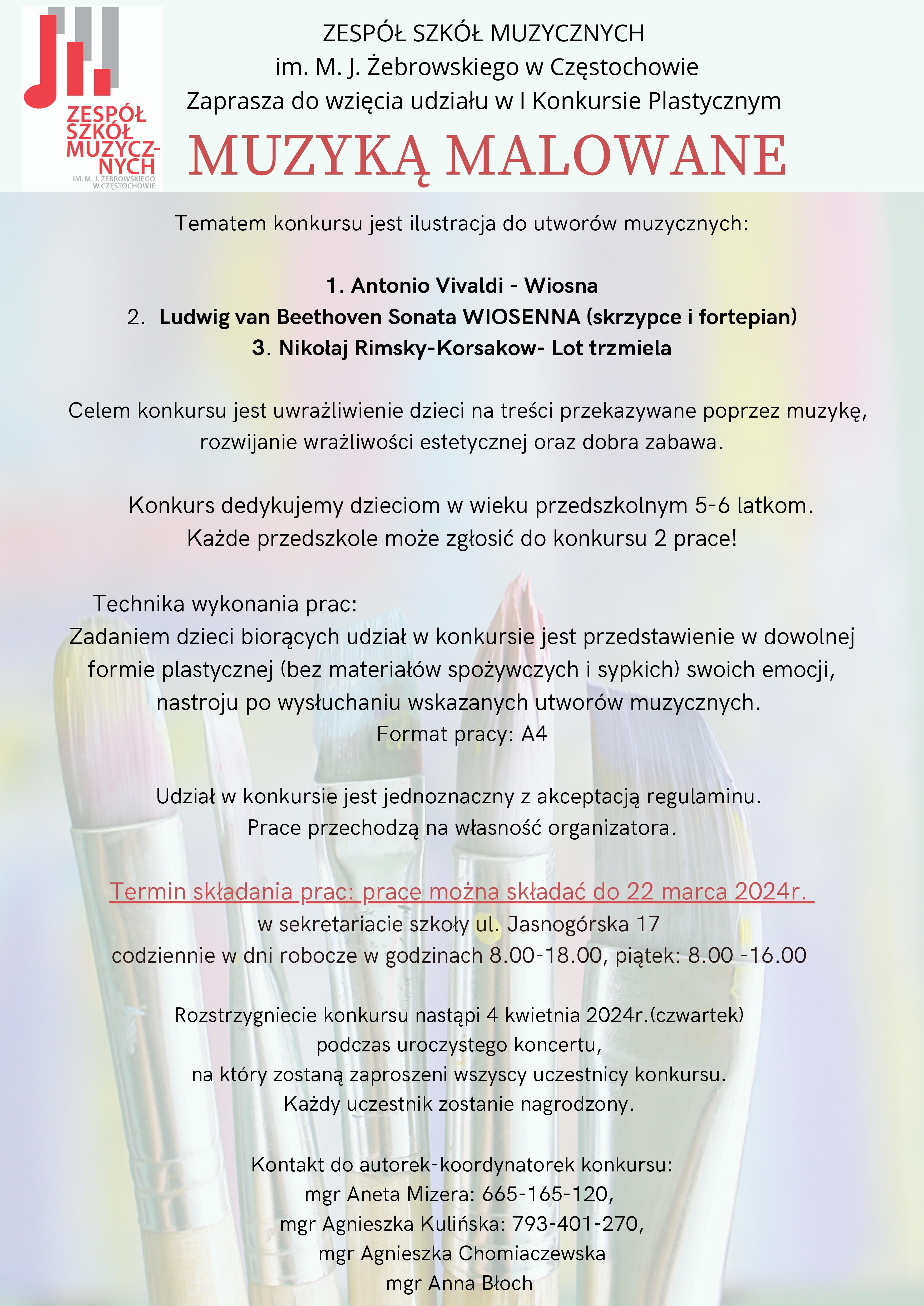 Po lewej na górze logo szkoły, w tle namalowane pędzle, informacje dotyczące I Konkursu Plastycznego