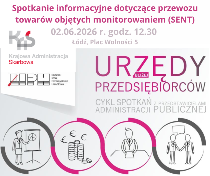 Spotkanie informacyjne dotyczące przewozu towarów objętych monitorowaniem (SENT) organizowane przez Krajową Administrację Skarbową i Łódzką Izbę Przemysłowo Handlową. Wydarzenie odbędzie się 2 czerwca 2026 r. o 12:30 w Łodzi przy Placu Wolności 5. Grafika zawiera również ikony symbolizujące prezentację, pieniądze, spotkanie biznesowe i rozmowę.