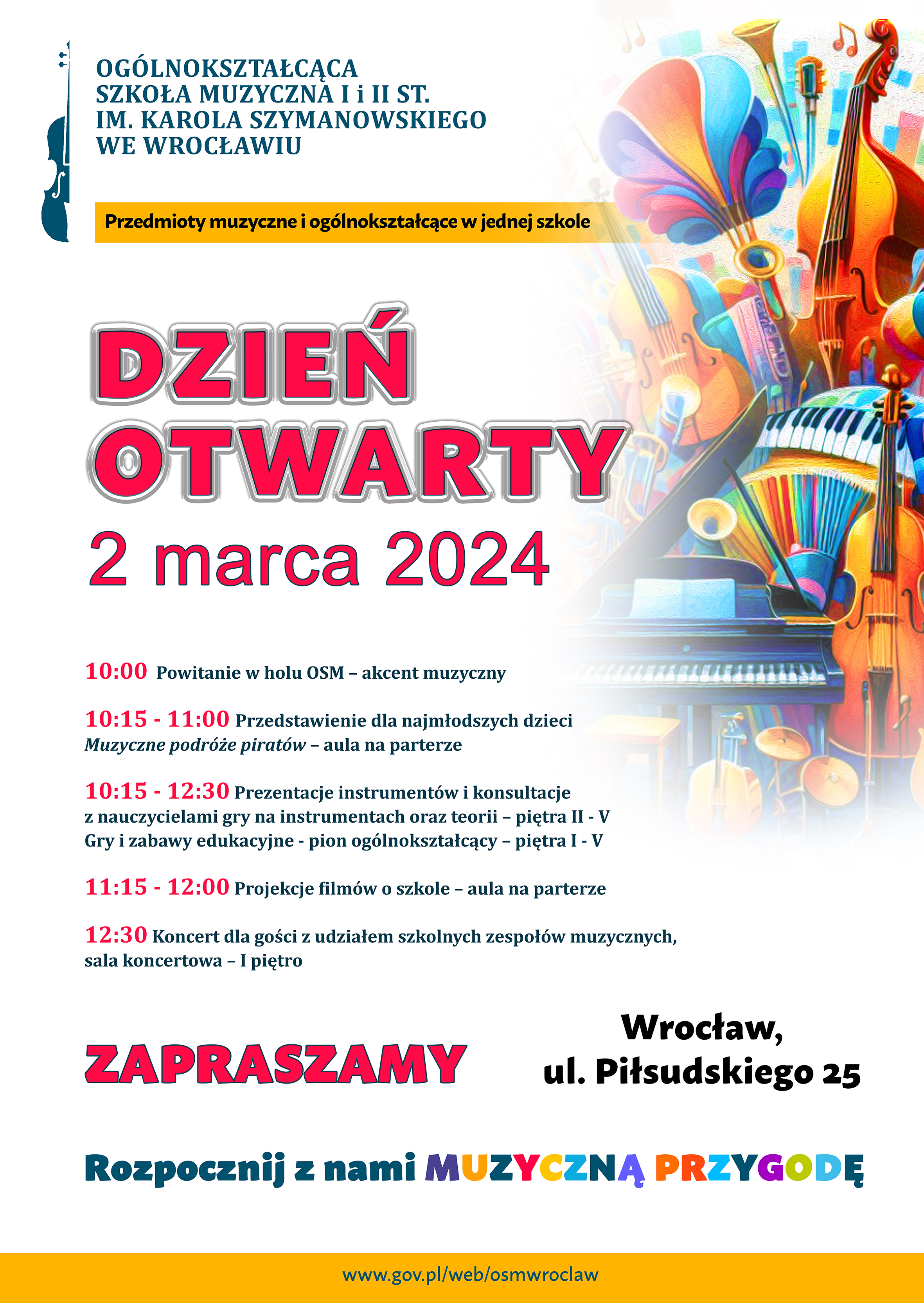 kolorowy plakat zawierający grafikę instrumentów oraz logo szkoły i program Dnia otwartego