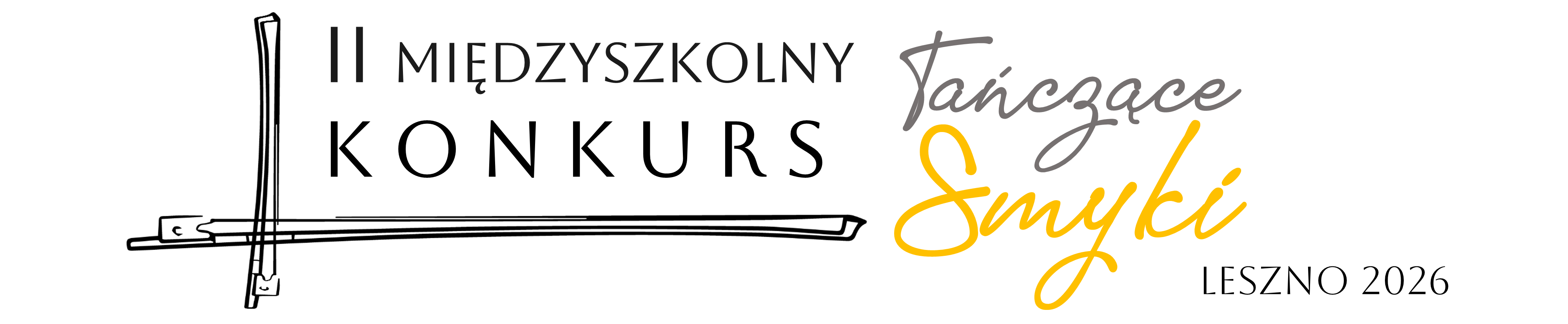 Grafika z napisami II Międzyszkolny Konkurs Tańczące Smyki z rysunkiem dwóch smyczków pod kątem prostym