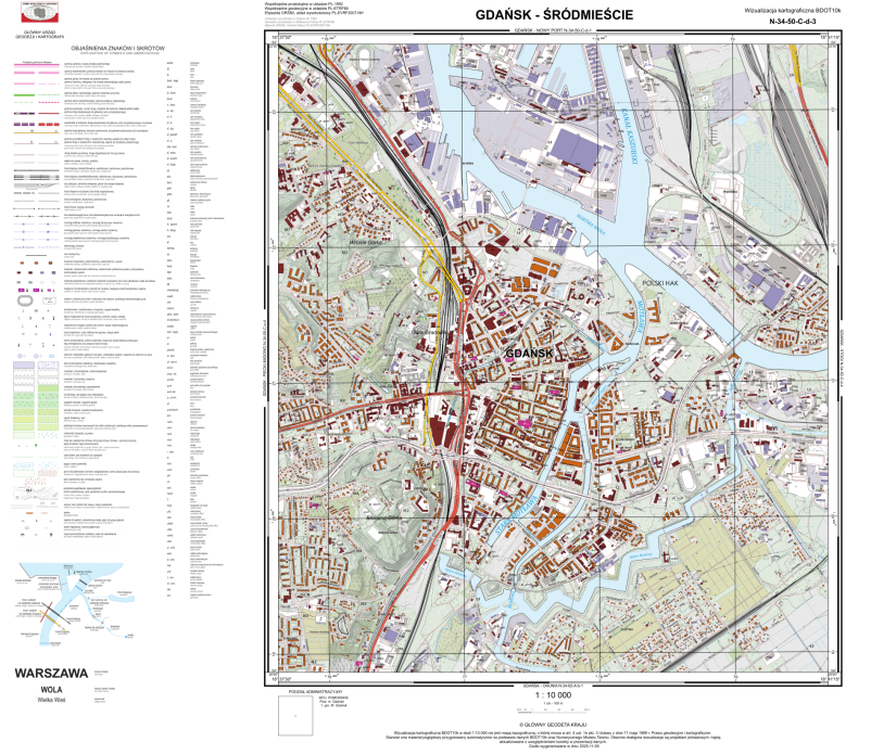 Ilustracja przedstawia zrzut ekranu z przykładową wizualizacją kartograficzną BDOT10k w skali 1:10 000 dla Gdańska.