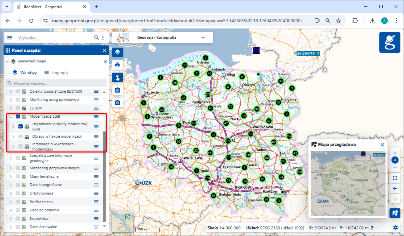 Ilustracja przedstawia zrzut ekranu z serwisu www.geoportalu.gov.pl, który udostępnia usługę „Modernizacja EGiB”.
