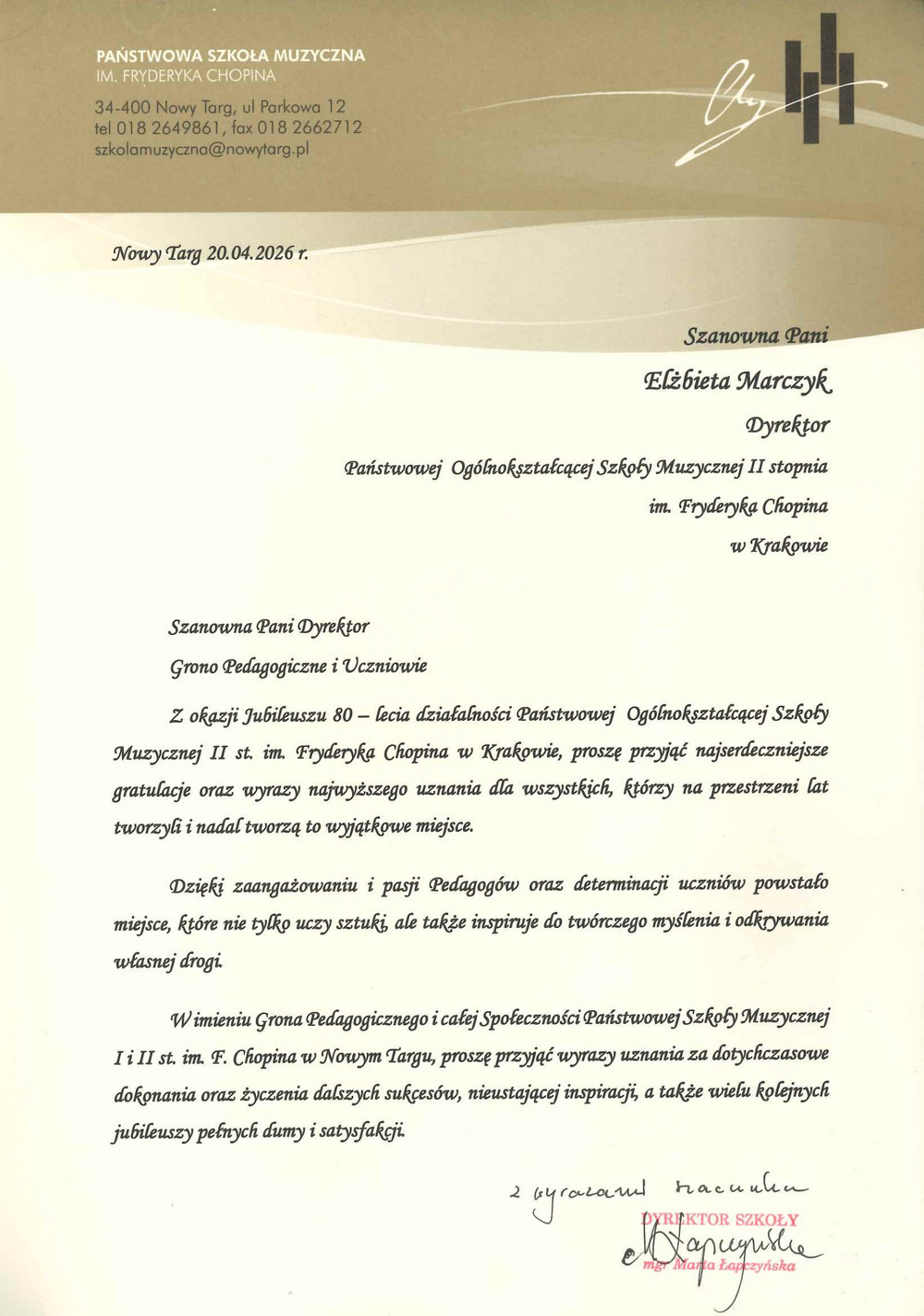 p. Marta Łapczyńska - dyrektor PSM im. Fryderyka Chopina w Nowym Targu