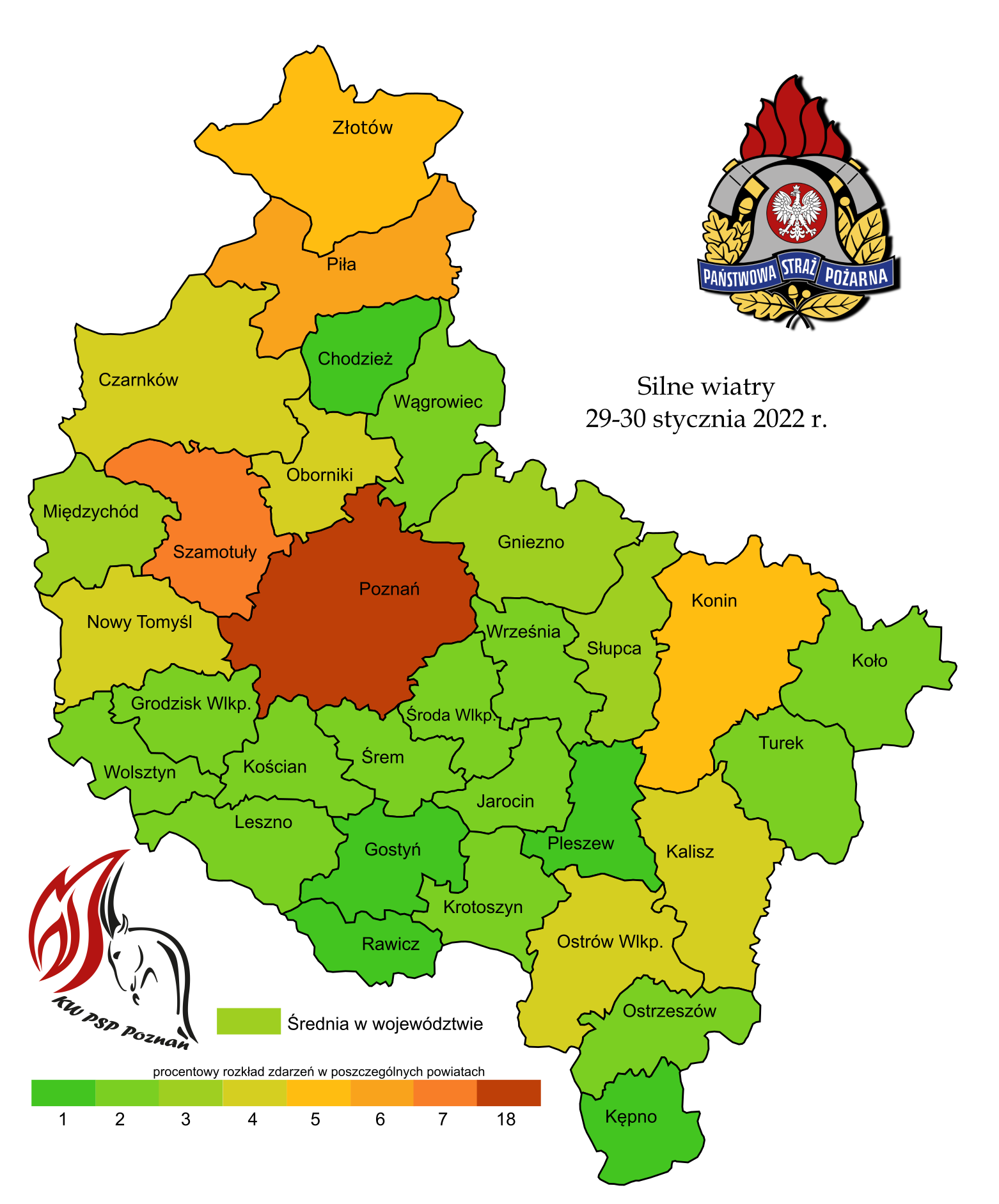 Graficzne przedstawienie procentowego rozkładu zdarzeń z podziałem na powiaty