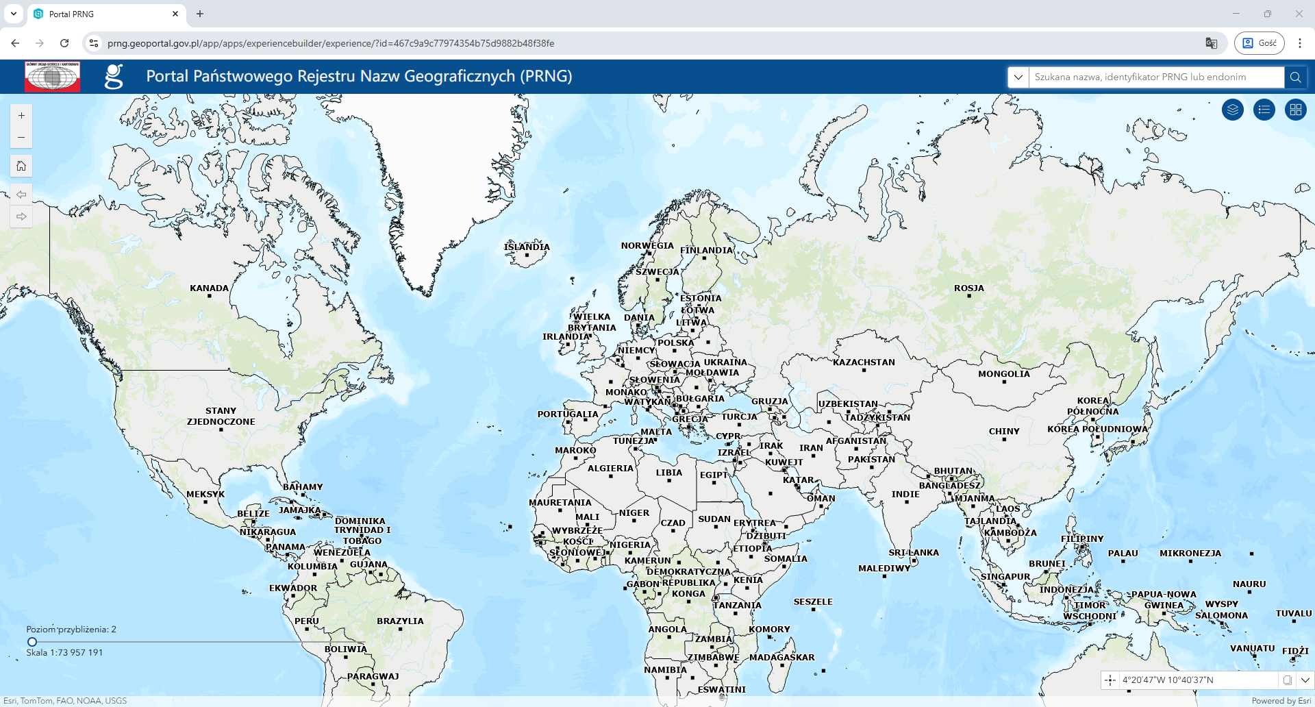 Widok nowej wersji Portalu Państwowego Rejestru Nazw Geograficznych (PRNG)