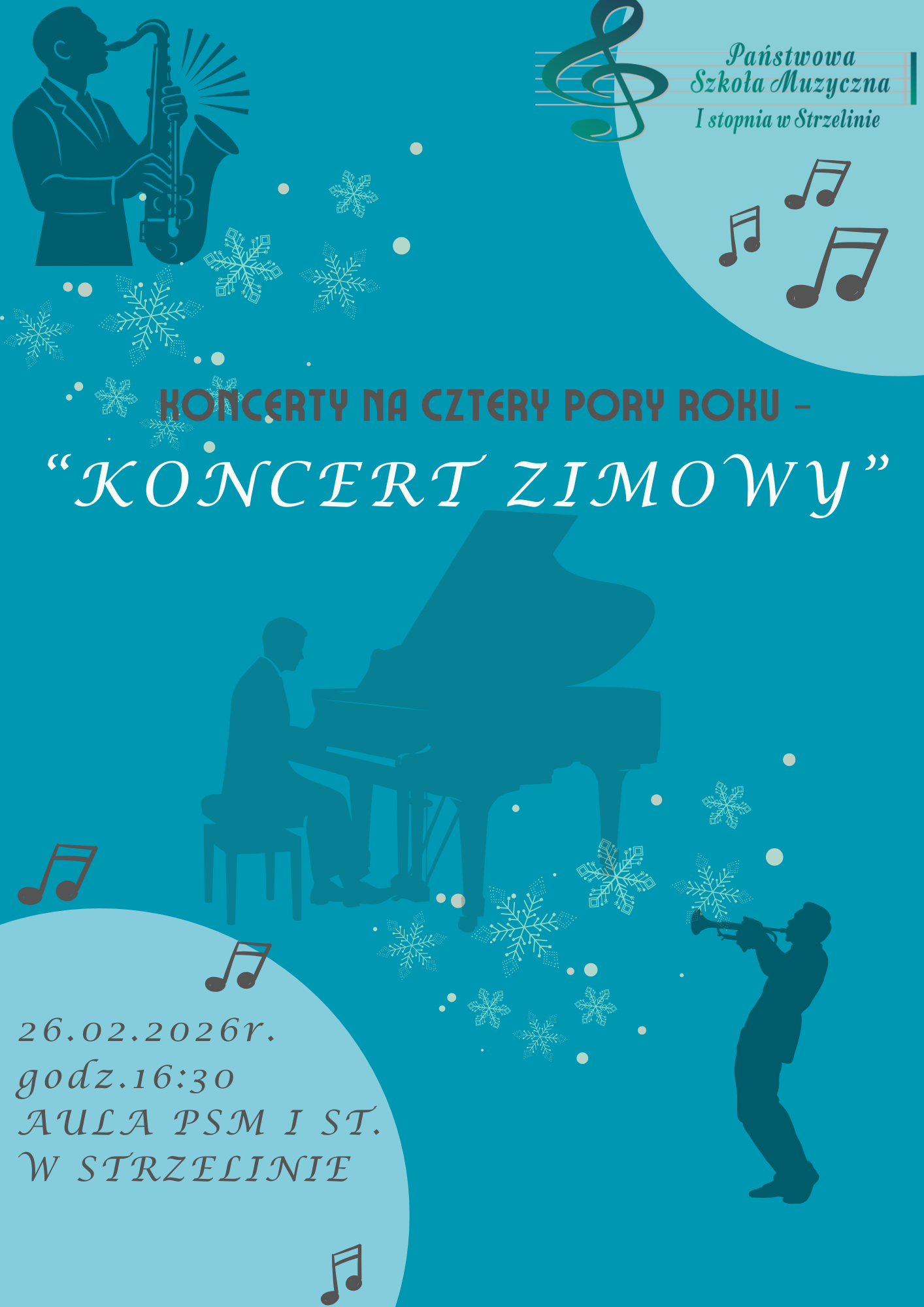 Na niebieskim tle znajdują się zimowe grafiki oraz informacje o wydarzeniu.