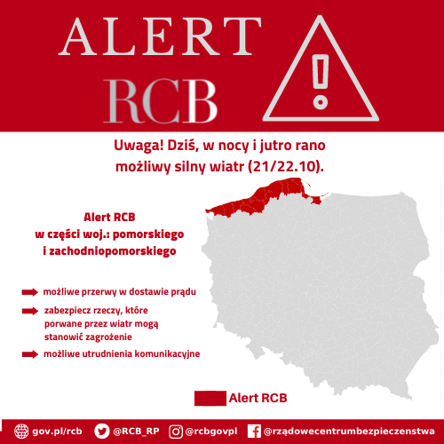 ALERT RCB - SILNY WIATR (21/22.10). Możliwe przerwy w dostawie prądu, zabezpiecz rzeczy, które porwane przez wiatr mogą stanowić zagrożenie, możliwe utrudnienia komunikacyjne.