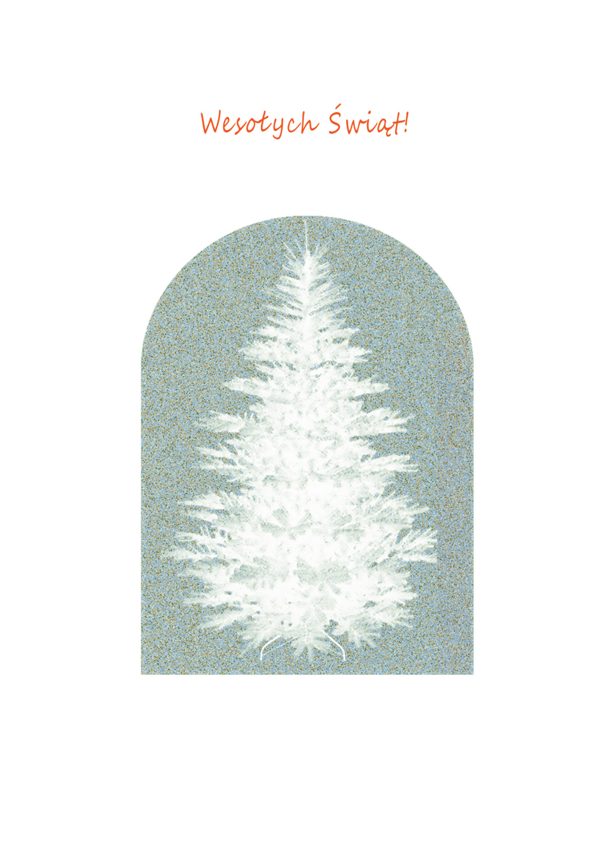 plakat kartki świątecznej, na białym tle czerwony napis wesołych świąt, pod spodem na tle szaroniebieskim grafika białej choink