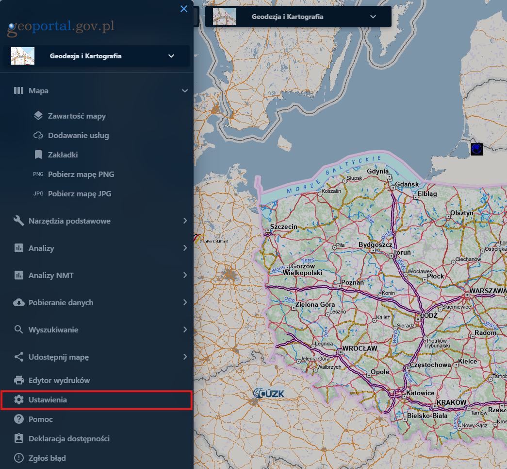 Ilustracja przedstawia menu z zaznaczoną lokalizacją Ustawień