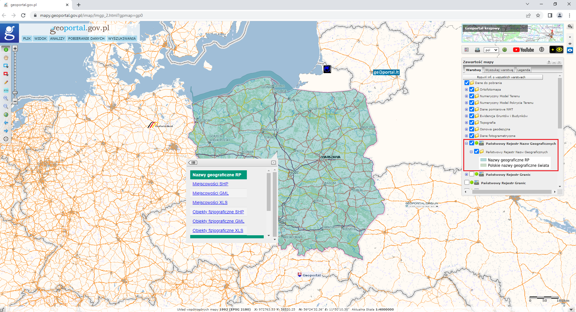 Ilustracja przedstawiająca zrzut ekranu z serwisu www.geoportal.gov.pl z uruchomioną usługą pobierania danych dotyczących nazw geograficznych RP.