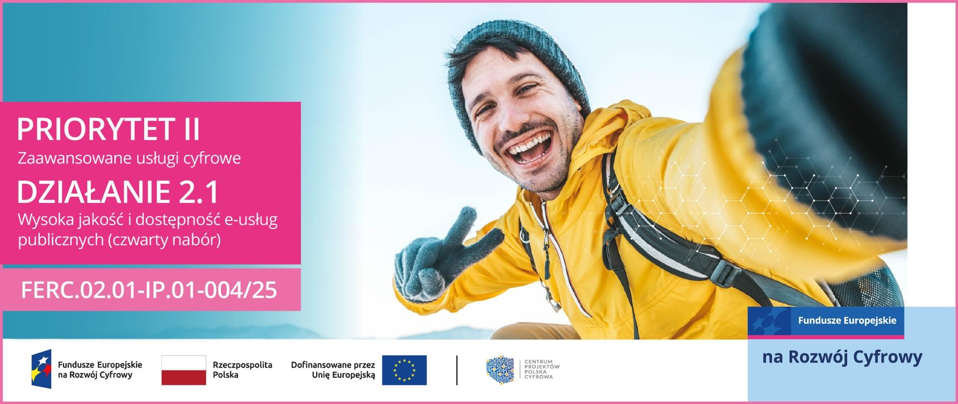 grafika promująca Działanie FERC.02.01 „Wysoka jakość i dostępność e-usług publicznych” w ramach Priorytetu FERC.02 „Zaawansowane usługi cyfrowe” programu Fundusze Europejskie na Rozwój Cyfrowy 2021-2027.