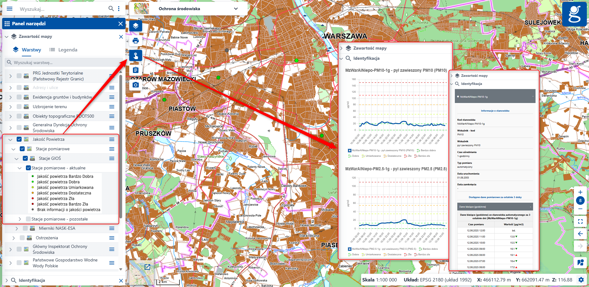 Ilustracja przedstawia dane z warstwy "Stacje pomiarowe-aktualne"