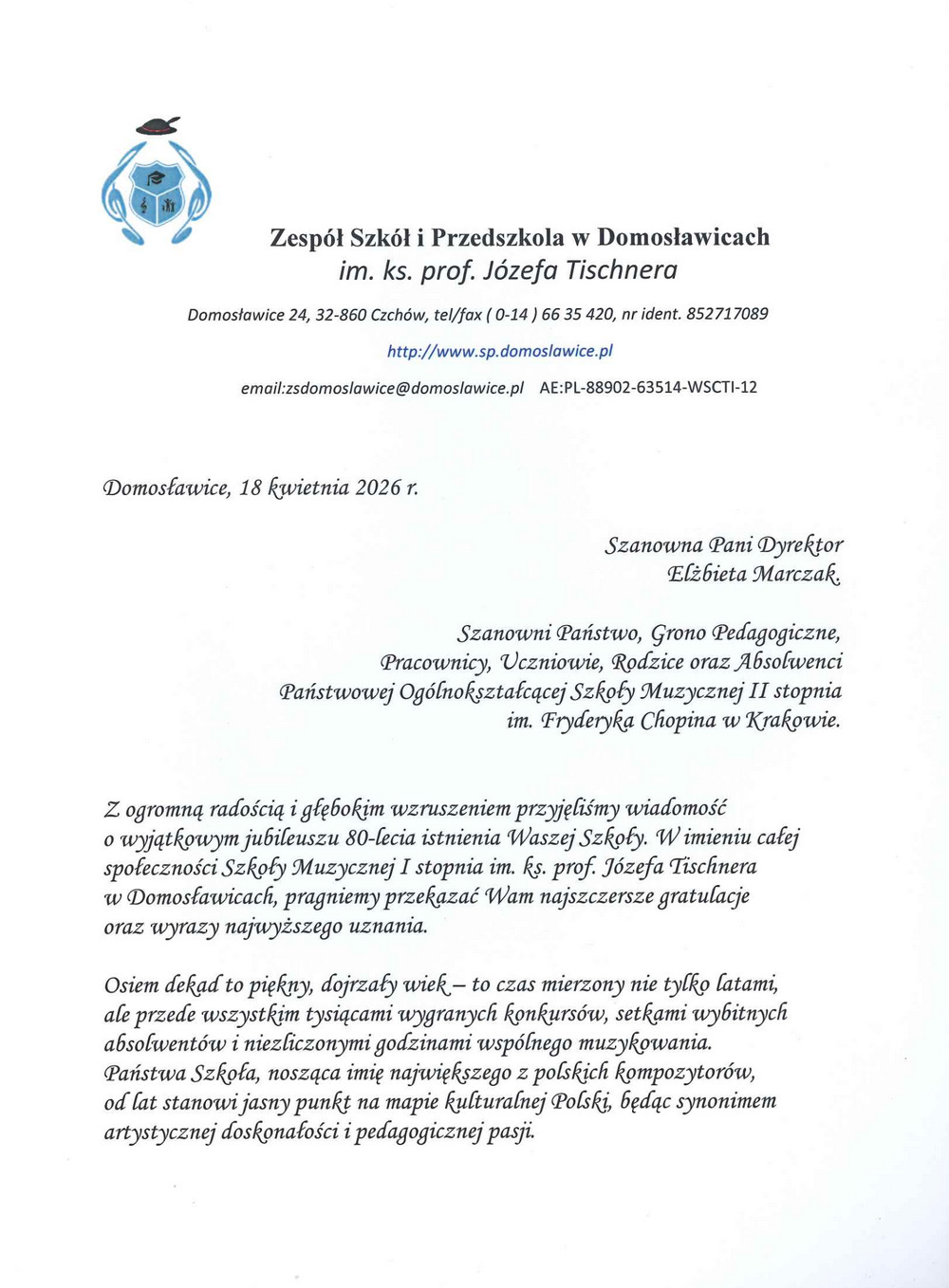 p. Kazimierz Wojnicki - dyrektor SM I stopnia im. ks. prof. Józefa Tischnera w Domosławicach