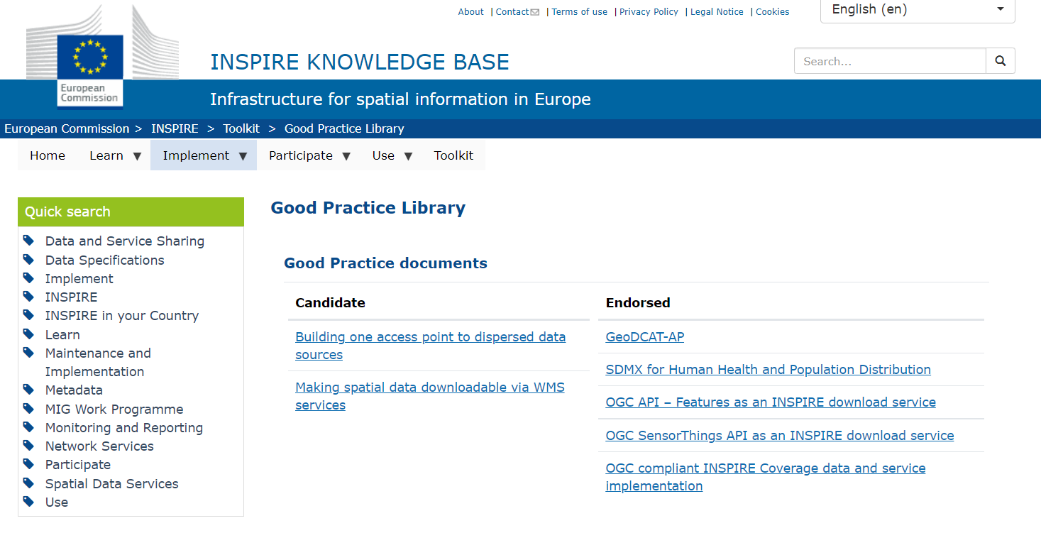 Zrzut ekranu z witryny: "INSPIRE KNOWLEDGE BASE" ("Baza wiedzy INSPIRE") - adres strony: https://inspire.ec.europa.eu/