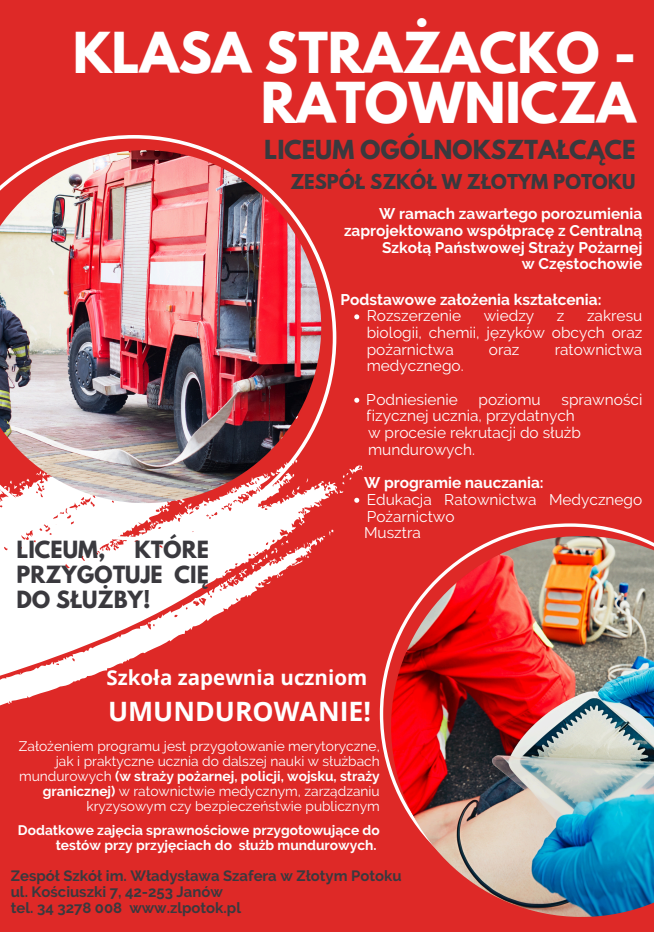 Plakat reklamowy naboru do klasy strażacko-ratowniczej w Liceum Ogólnokształcącym Zespołu Szkół w Złotym Potoku
