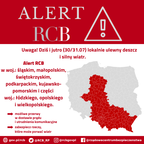Alert RCB 30/31 lipca – lokalnie ulewny deszcz i silny wiatr.