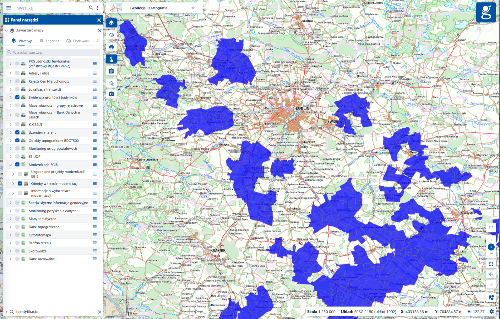 Zrzut z geoportalu lokalizacji usługi dot. prowadzonych na bieżąco modernizacji.