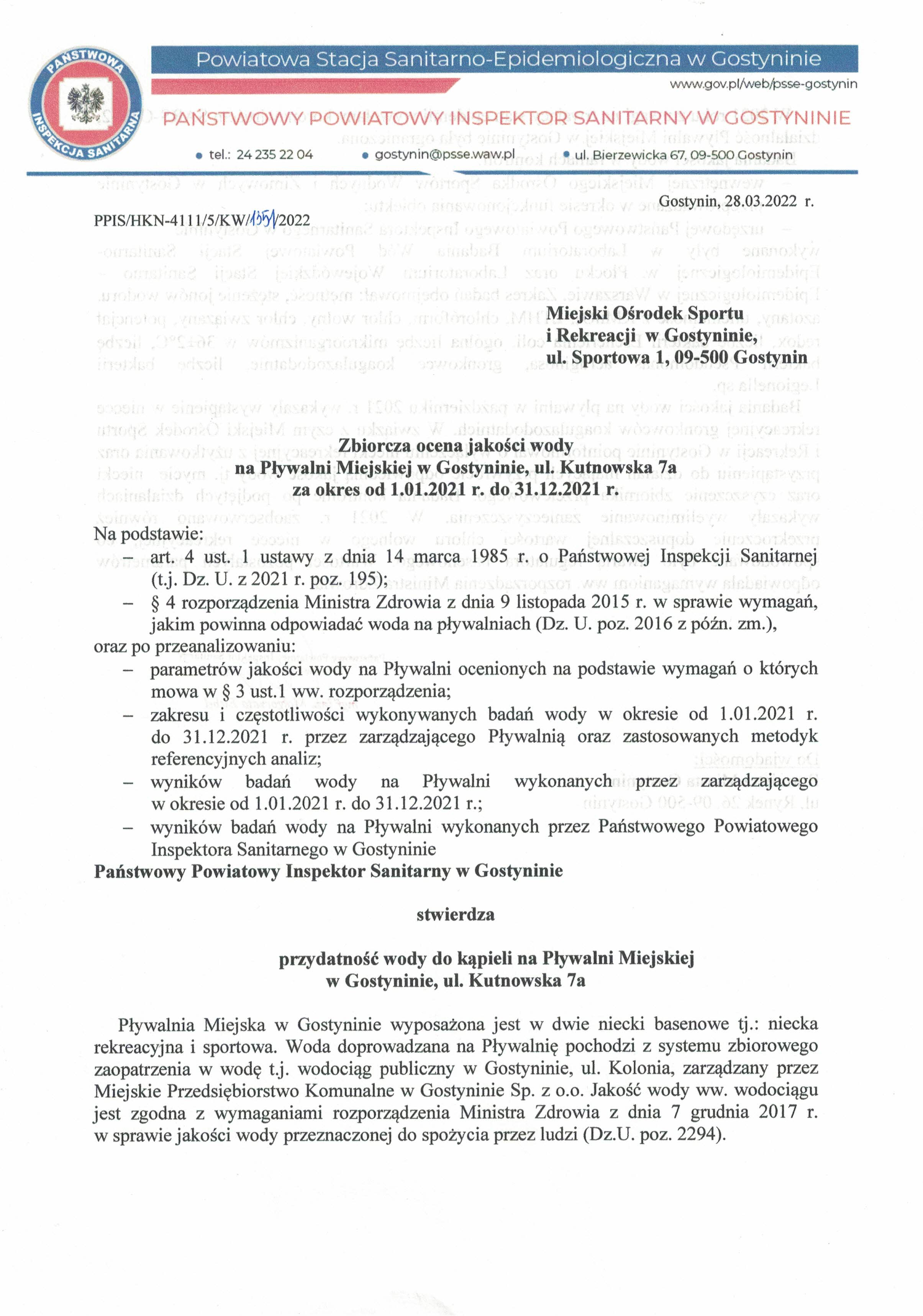 Zbiorcza ocena jakości wody na Pływalni Miejskiej w Gostyninie za 2021 r. - grafika1