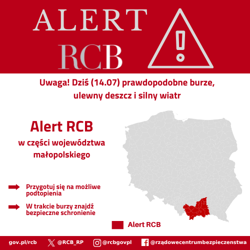 "Uwaga! (14.07) prawdopodobne burze, ulewny deszcz i silny wiatr. Możliwe podtopienia. W trakcie burzy znajdź bezpieczne schronienie."